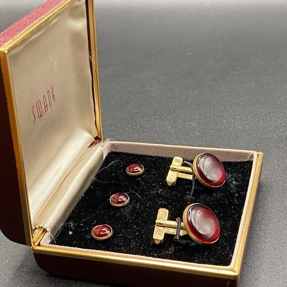Vintage Swank Red Glass Tux Cufflinks & Shirt Studs Set in Box with Papers - Picture 3 of 5